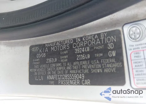 2008 Kia Spectra Ex from USA, damaged, VIN KNAFE121285559049